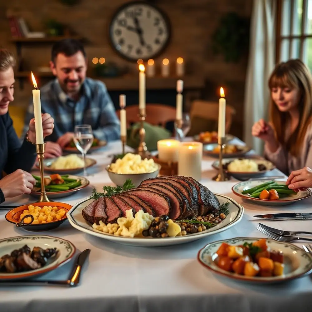 Family dinner table set with pasture-raised beef