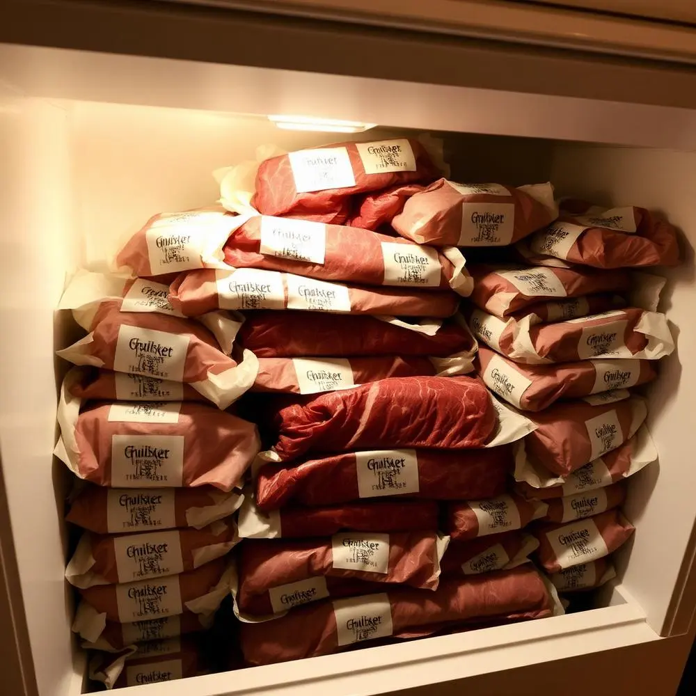 Butcher paper wrapped beef cuts stacked in a freezer