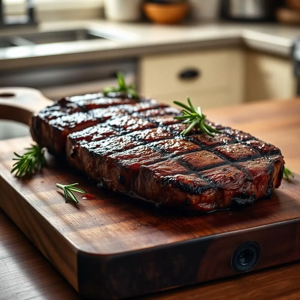 Grilled ribeye steak resting on a wooden board