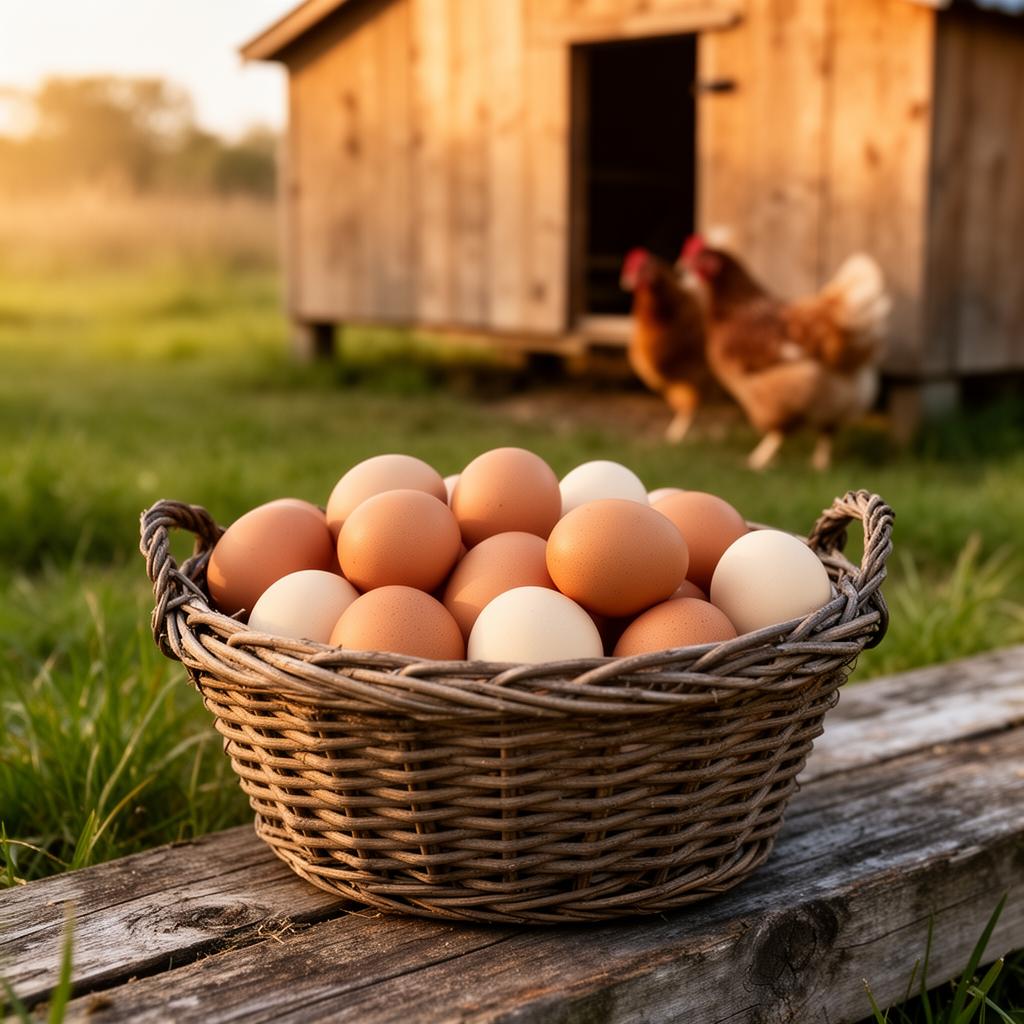 A wicker basket full of fresh brown and cream eggs sitting next to the chicken coop