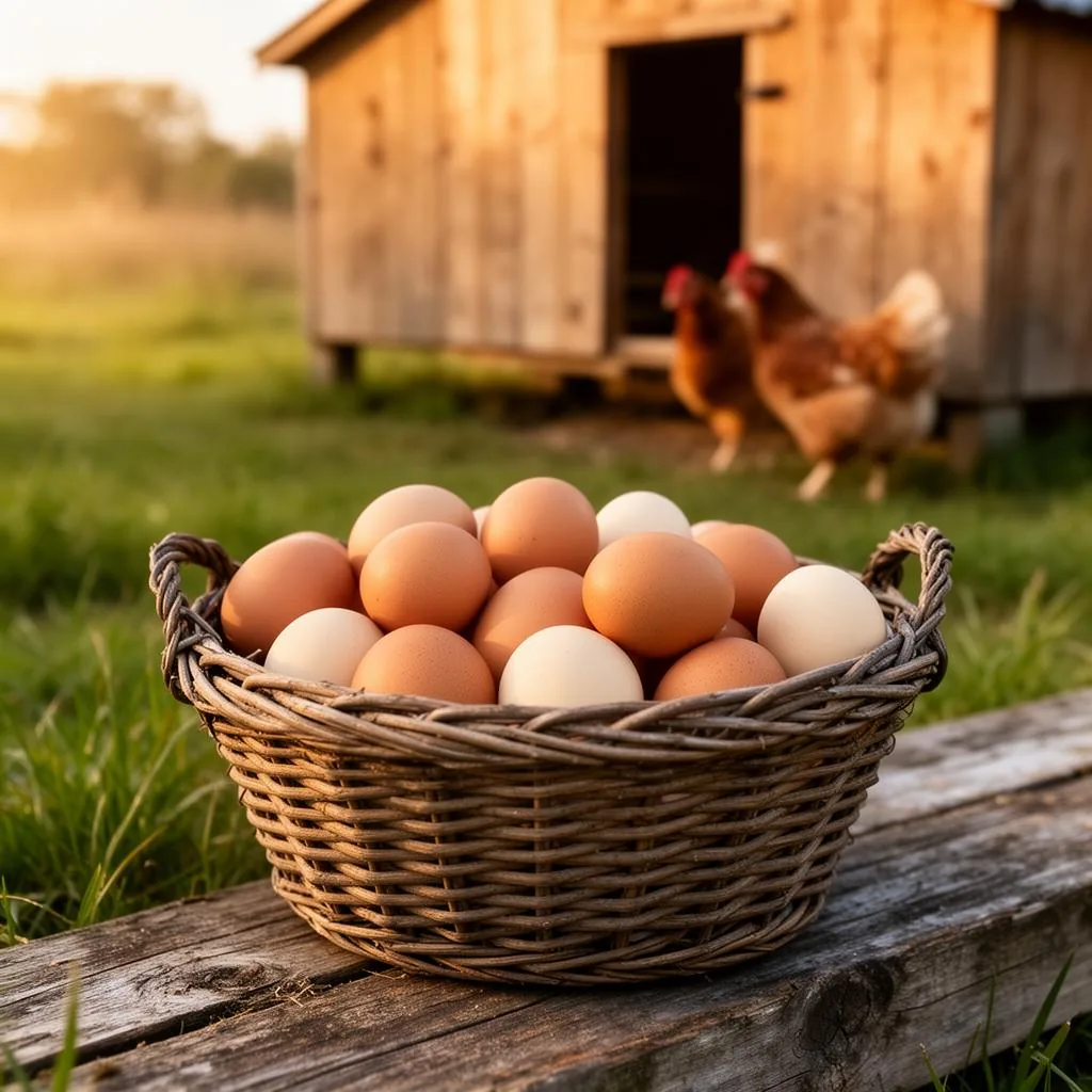 A wicker basket full of fresh brown and cream eggs sitting next to the chicken coop