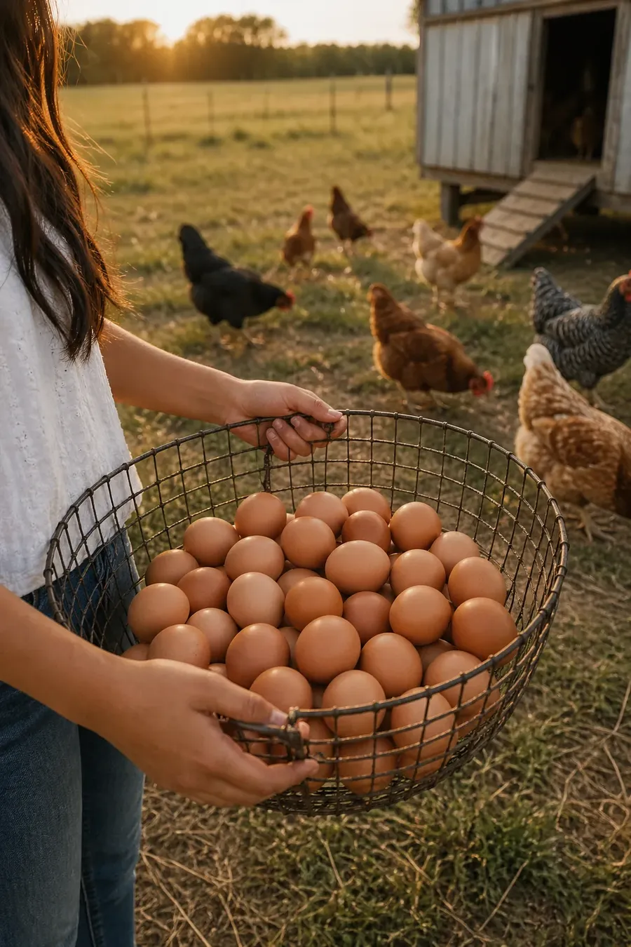 Fresh brown eggs in a wire basket with hens grazing nearby
