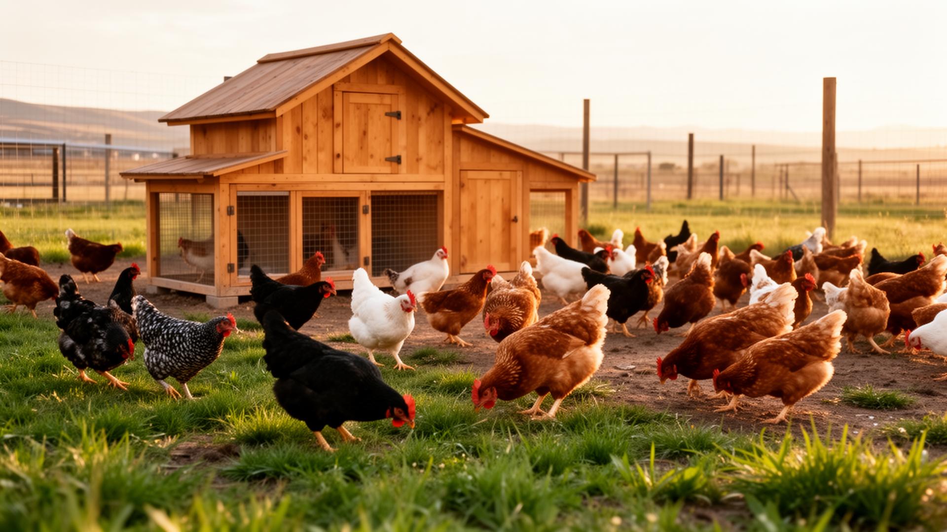 Heritage hens roaming the pasture around their coop at Yellowstone Farms