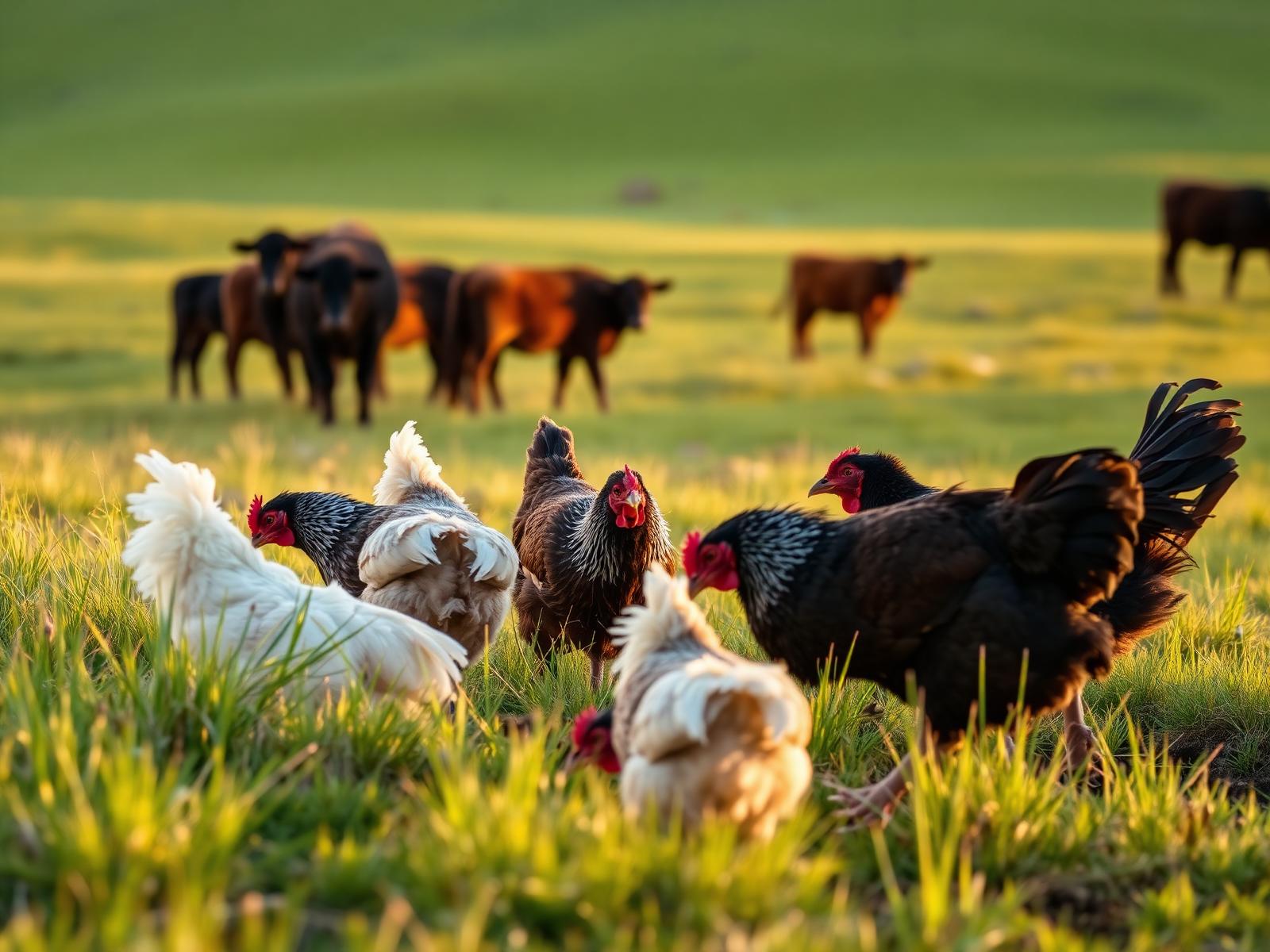 Chickens scratching through pasture behind a herd of cattle