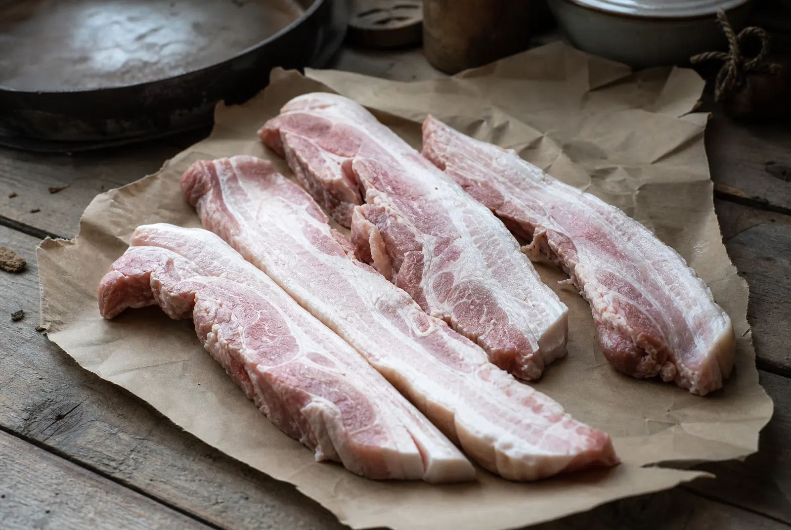 Strips of bacon on a farmhouse table