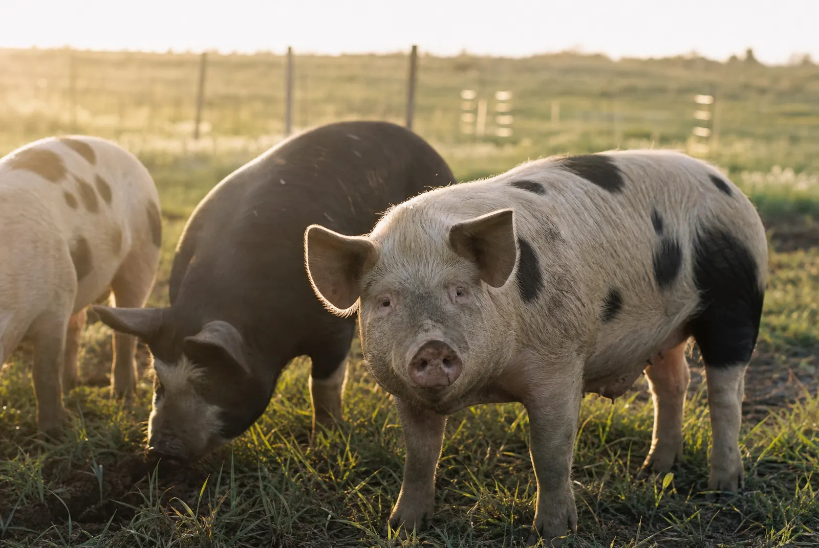 Pigs on pasture at sunset